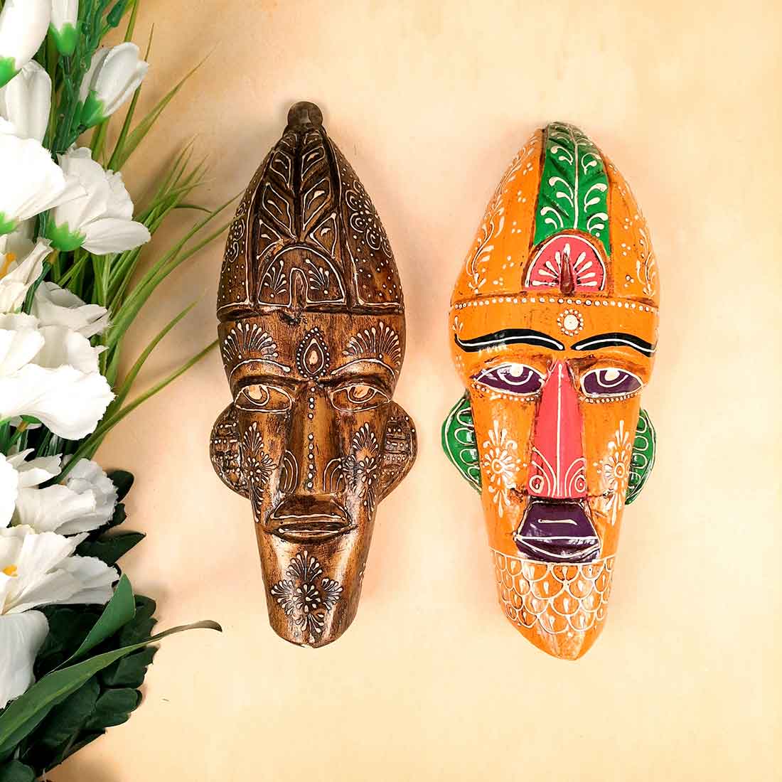 Wooden Tribal Masks Wall Hanging | Rustic Wall Decor Mask - For Home Entrance, Wall Decor & Gifts (Pack of 2) 12 Inch - Apkamart #Style_Style 4