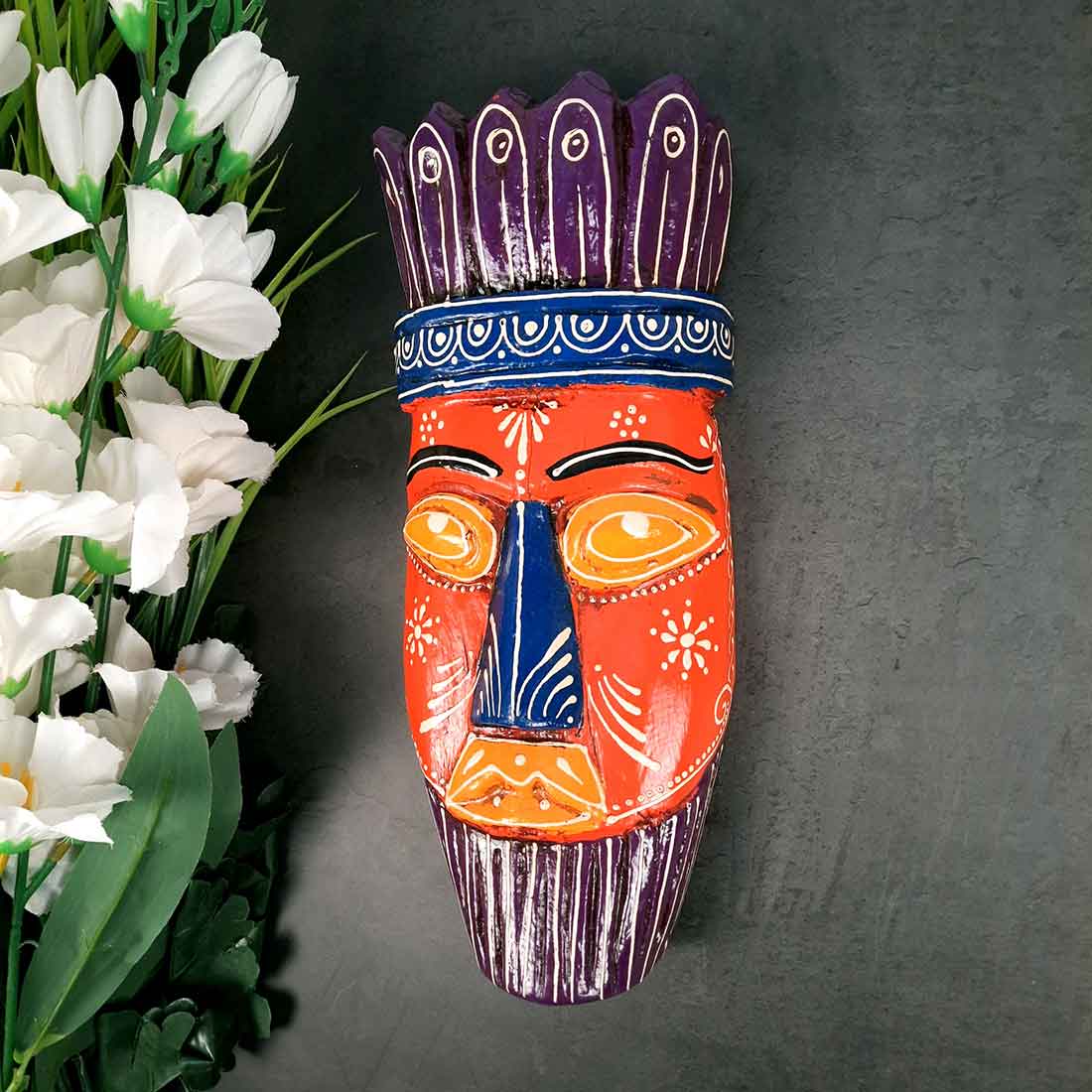 Ethnic Wall Masks | Wooden Mask Wall Hanging - for Living Room & Home Decor - 12 Inch #color_orange