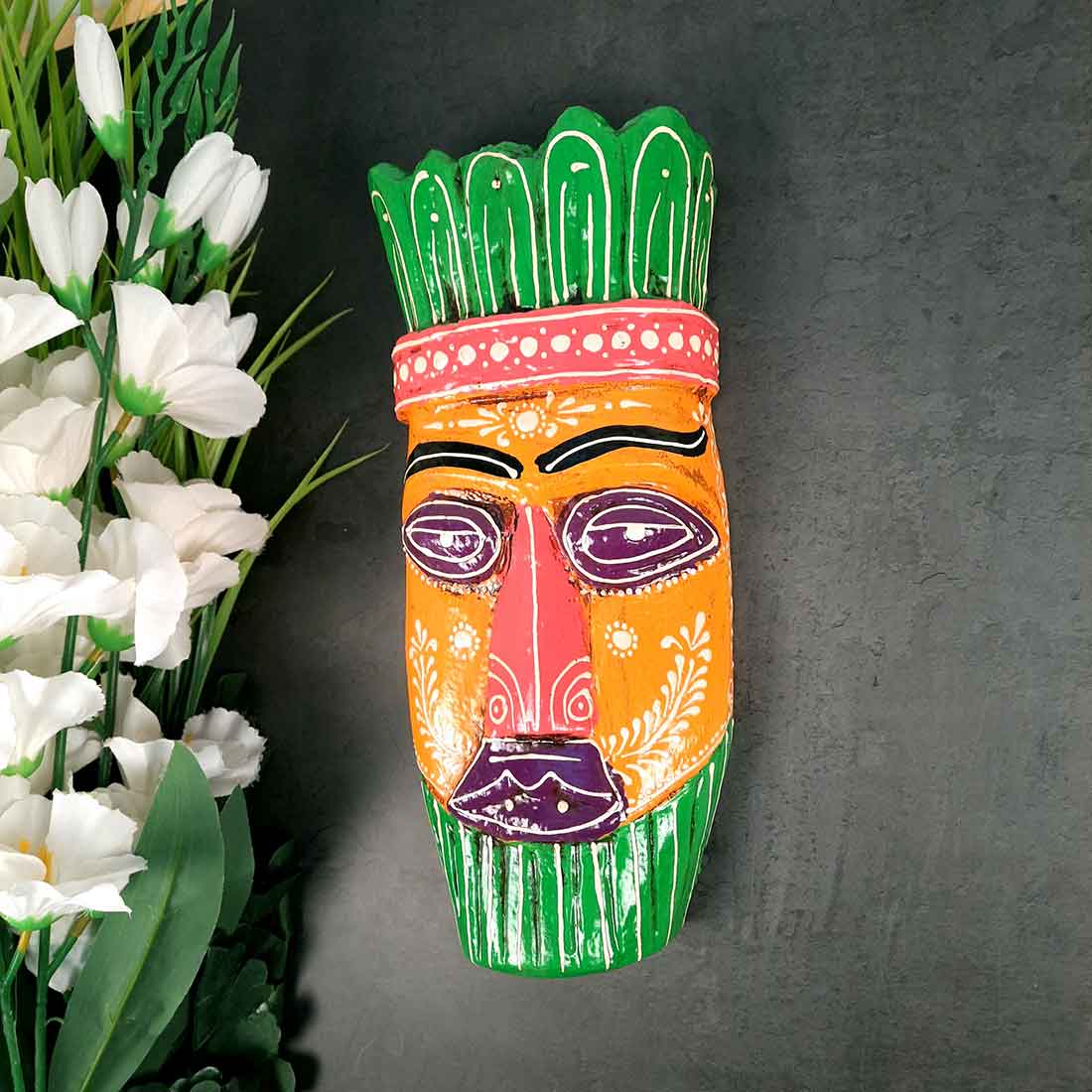 Ethnic Wall Masks | Wooden Mask Wall Hanging - for Living Room & Home Decor - 12 Inch #color_yellow