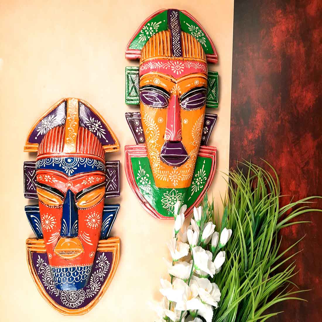 Tribal Egyptian Mask Wall Hanging - for Home Decor & Wall Decoration (Pack of 2) - 20 Inch -Apkamart