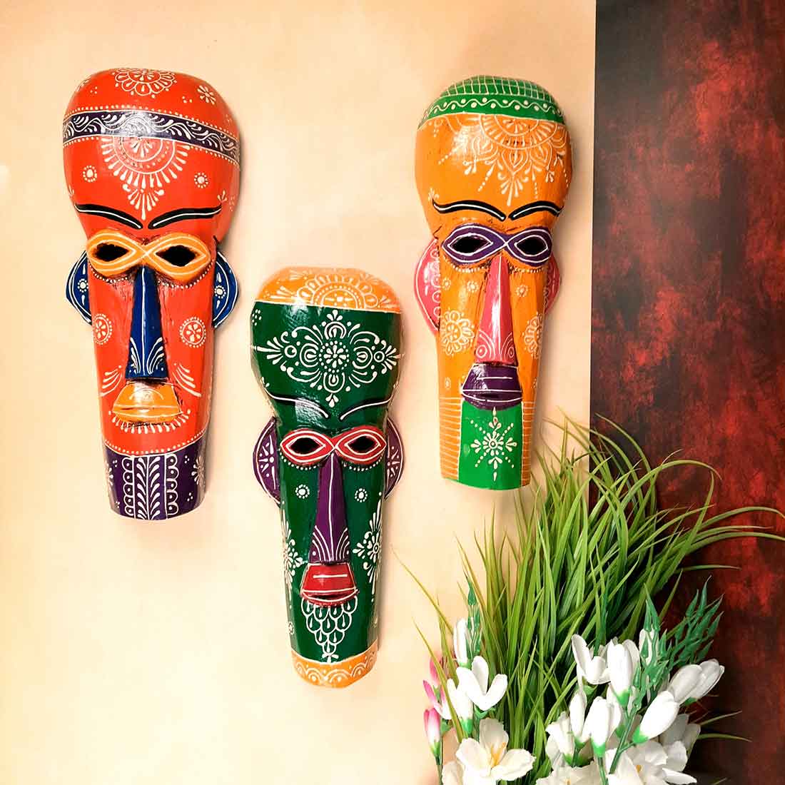 African Tribal Masks | Decorative Mask Wall Hanging - For Wall Decor & Home Interiors (Pack of 2) -15 inch