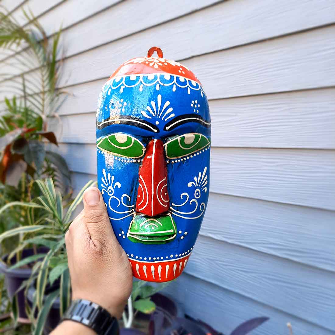 Wooden Tribal Masks Wall Hanging - for Living Room Wall Decor & Home Interiors - 9 inch - Apkamart #color_Blue