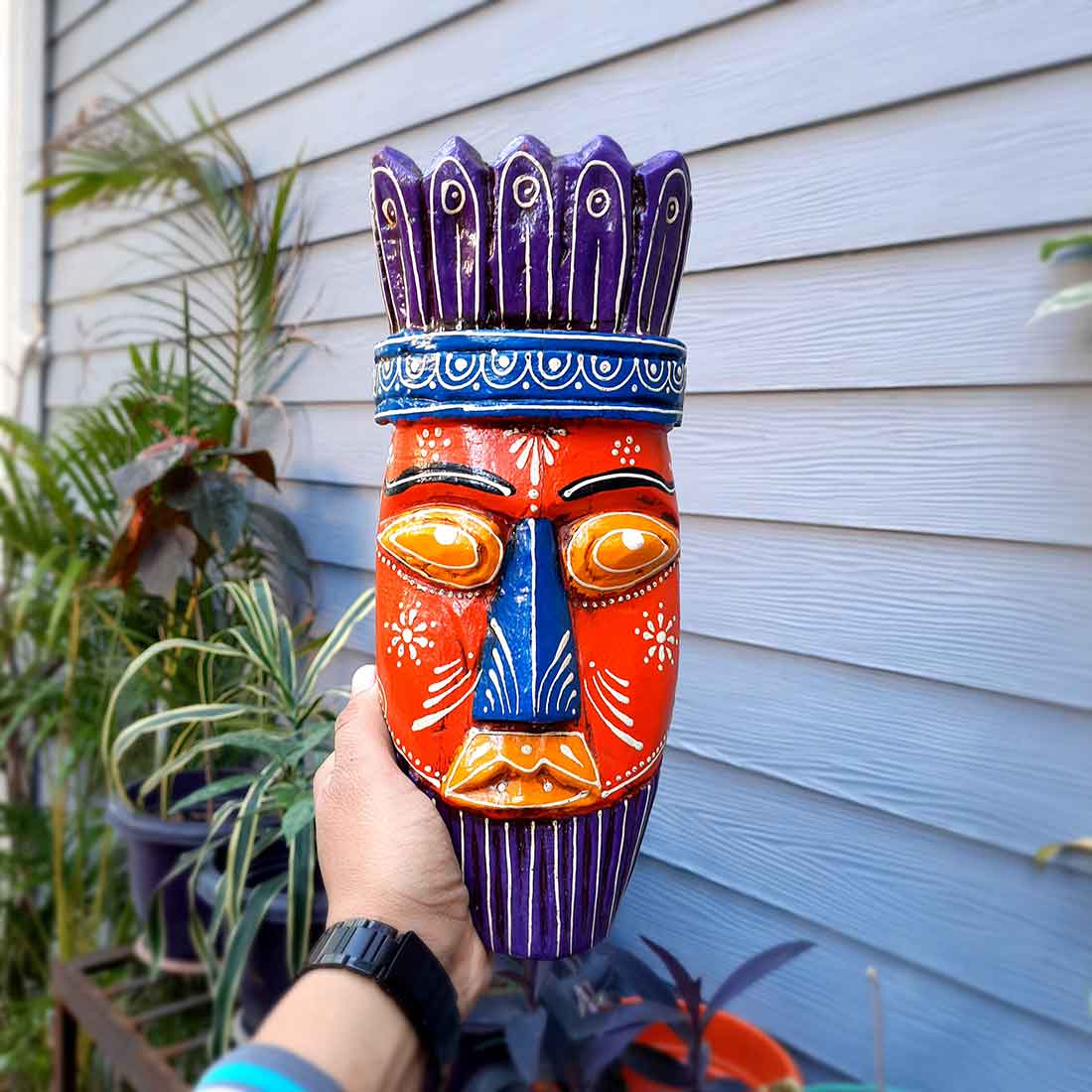 Ethnic Wall Masks | Wooden Mask Wall Hanging - for Living Room & Home Decor - 12 Inch #color_orange