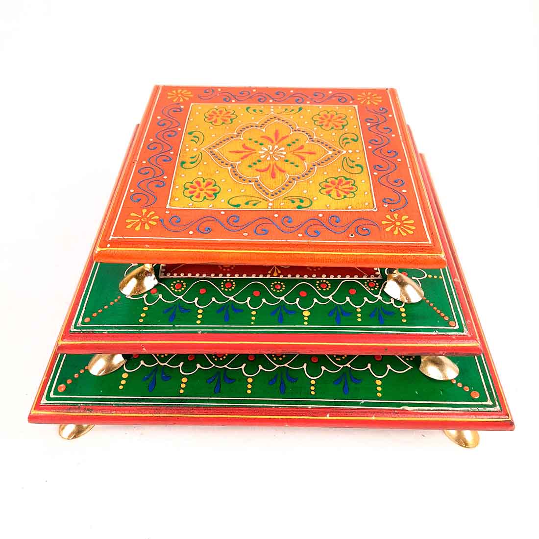 Wooden Pooja Bajot - Decorative Choki For Pooja & Festivals - 8,10 & 12 Inch- Set of 3 - Apkamart#color_Multicolor