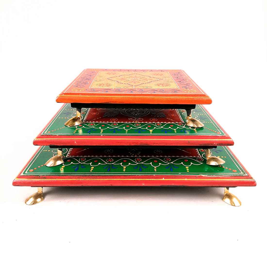 Wooden Pooja Bajot - Decorative Choki For Pooja & Festivals - 8,10 & 12 Inch- Set of 3 - Apkamart#color_Multicolor