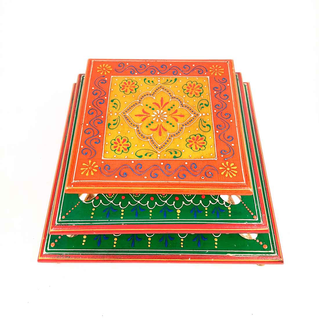 Wooden Pooja Bajot - Decorative Choki For Pooja & Festivals - 8,10 & 12 Inch- Set of 3 - Apkamart#color_Multicolor