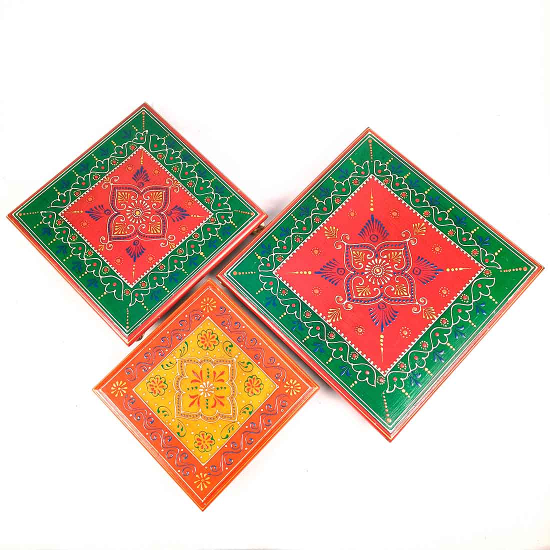 Wooden Pooja Bajot - Decorative Choki For Pooja & Festivals - 8,10 & 12 Inch- Set of 3 - Apkamart#color_Multicolor