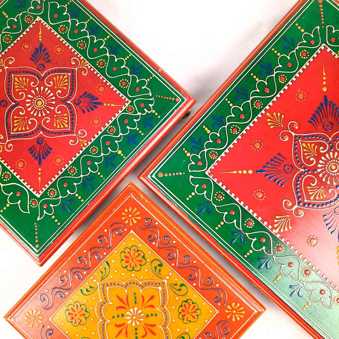 Wooden Pooja Bajot - Decorative Choki For Pooja & Festivals - 8,10 & 12 Inch- Set of 3 - Apkamart#color_Multicolor