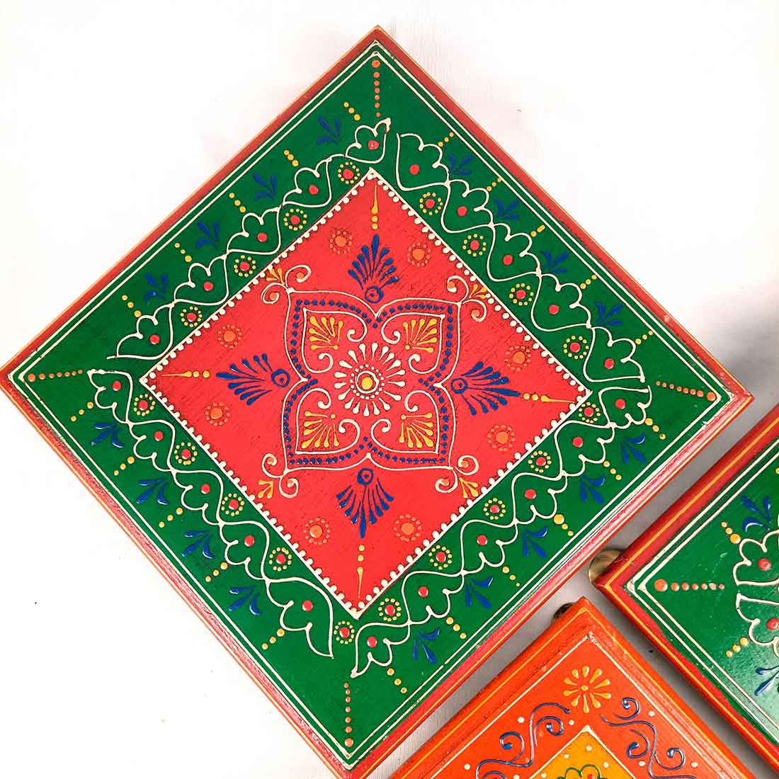 Wooden Pooja Bajot - Decorative Choki For Pooja & Festivals - 8,10 & 12 Inch- Set of 3 - Apkamart#color_Multicolor