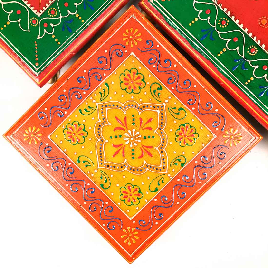 Wooden Pooja Bajot - Decorative Choki For Pooja & Festivals - 8,10 & 12 Inch- Set of 3 - Apkamart#color_Multicolor