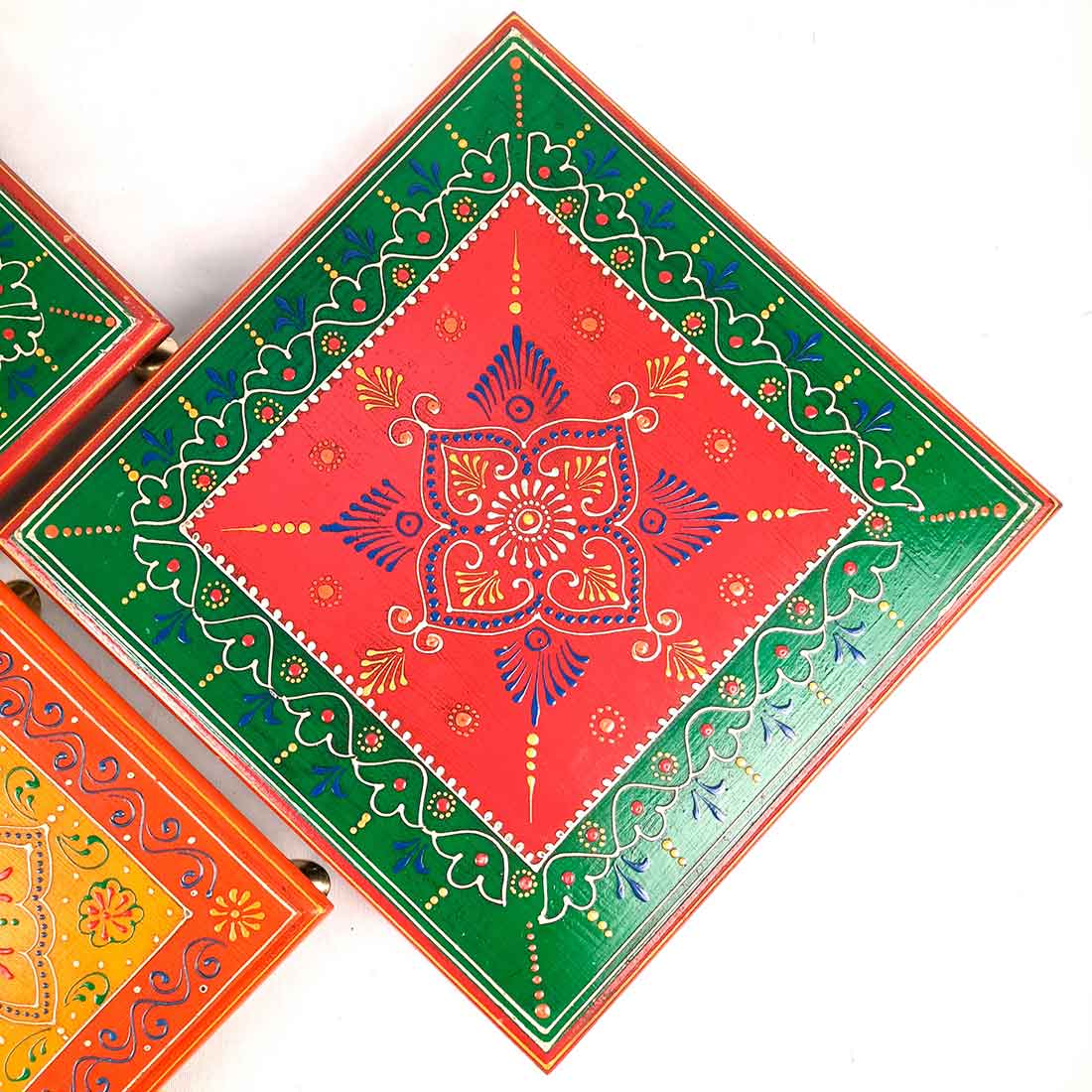 Wooden Pooja Bajot - Decorative Choki For Pooja & Festivals - 8,10 & 12 Inch- Set of 3 - Apkamart#color_Multicolor