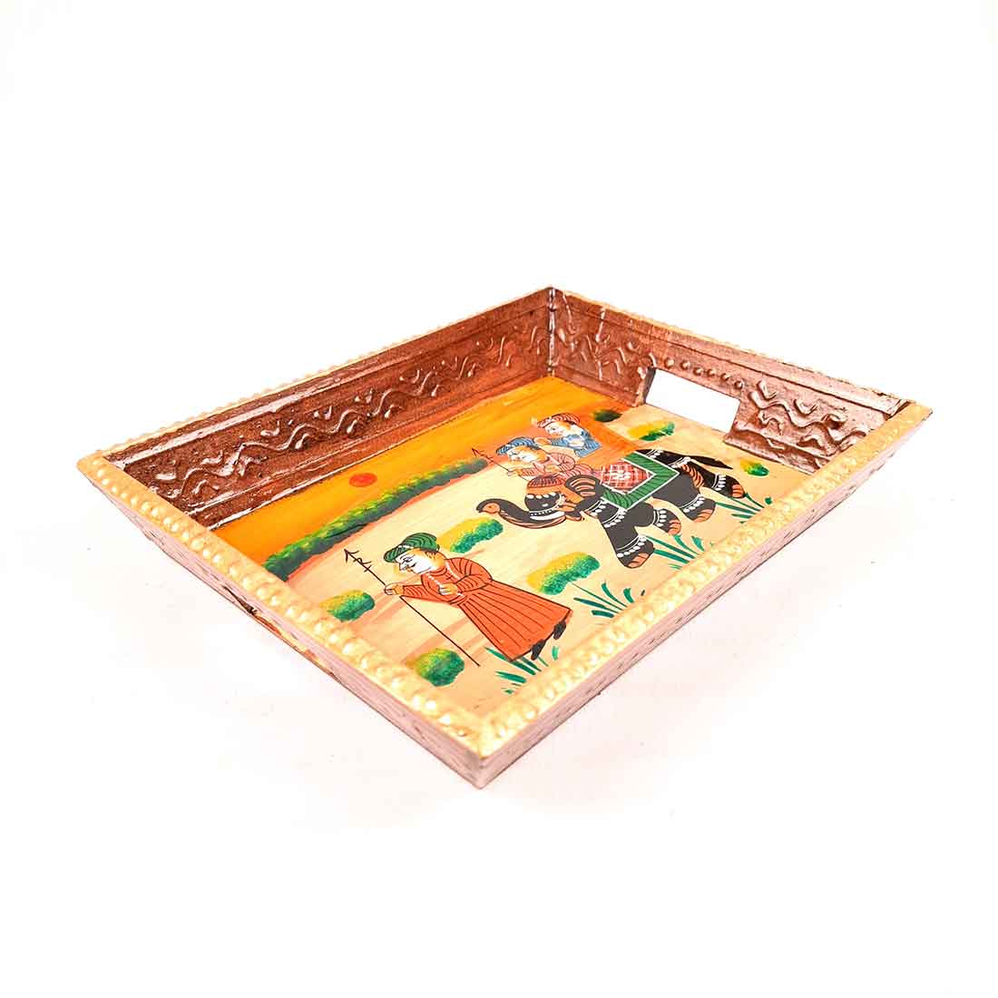 Decorative Tray | Wooden Serving Tray - For Tea & Snack Serving and Organising - 9 Inch - Apkamart#Style_Pack of 2