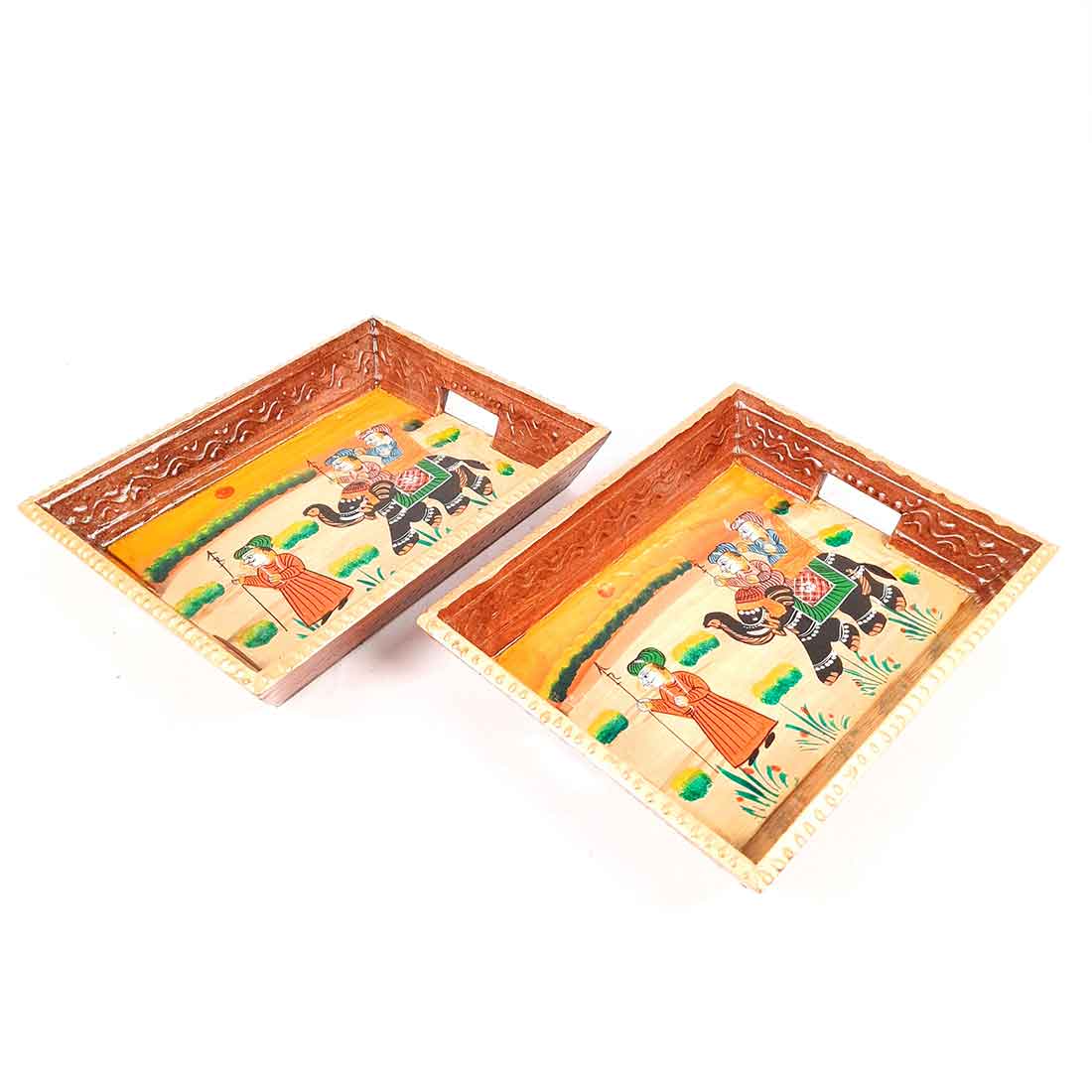 Decorative Tray | Wooden Serving Tray - For Tea & Snack Serving and Organising - 9 Inch - Apkamart#Style_Pack of 2