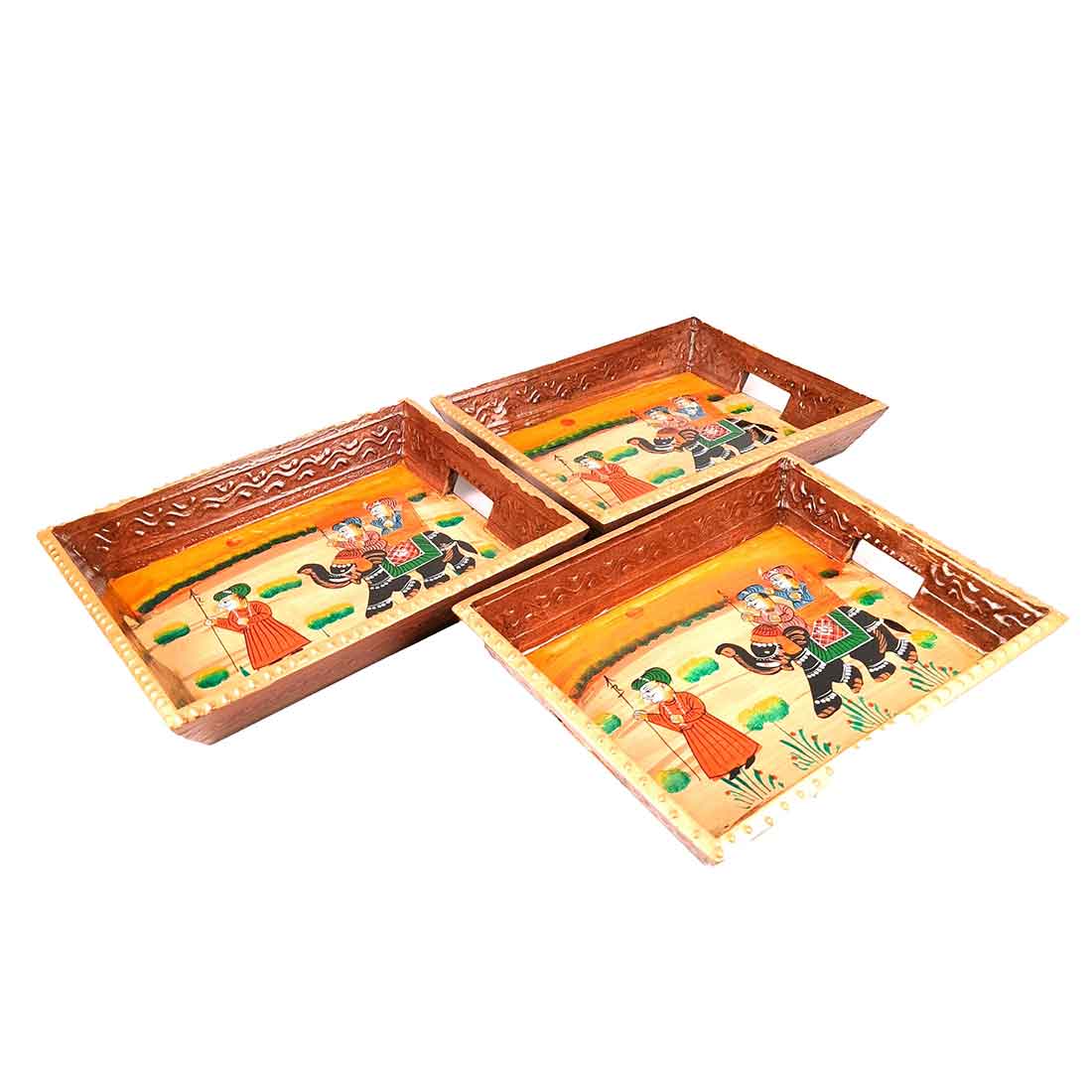 Decorative Tray | Wooden Serving Tray - For Tea & Snack Serving and Organising - 9 Inch - Apkamart#Style_Pack of 3