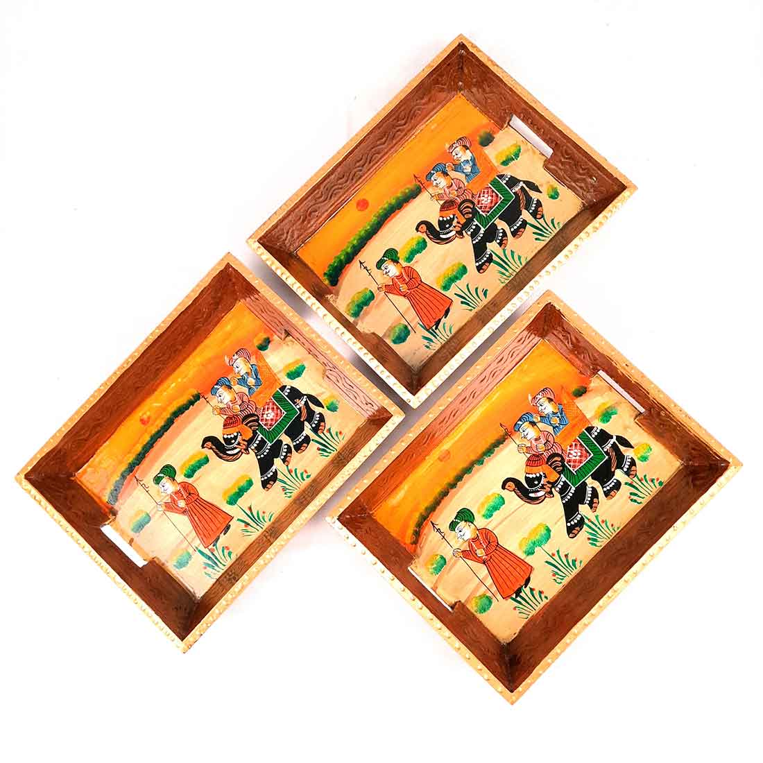 Decorative Tray | Wooden Serving Tray - For Tea & Snack Serving and Organising - 9 Inch - Apkamart#Style_Pack of 3
