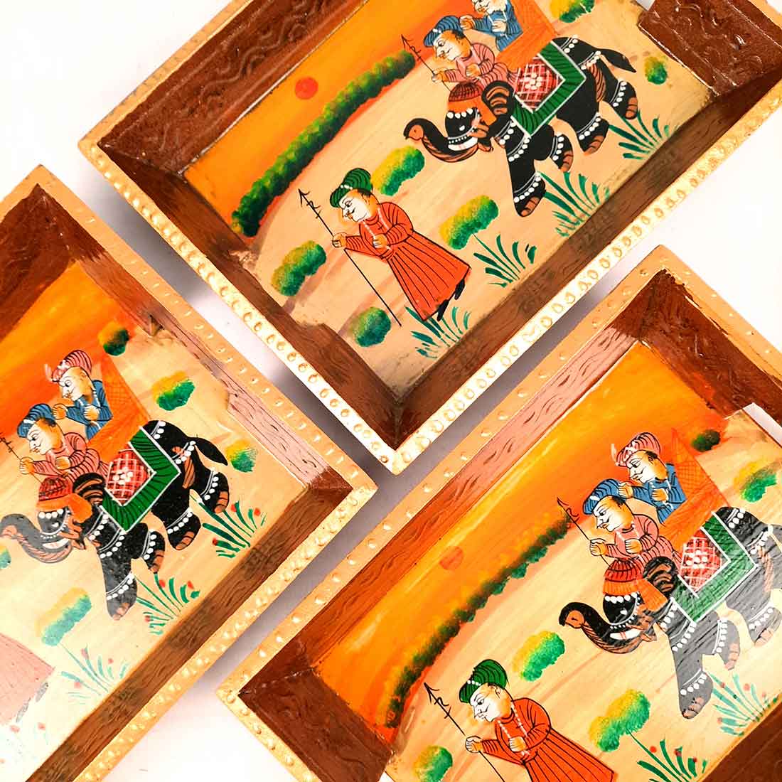 Decorative Tray | Wooden Serving Tray - For Tea & Snack Serving and Organising - 9 Inch - Apkamart#Style_Pack of 3