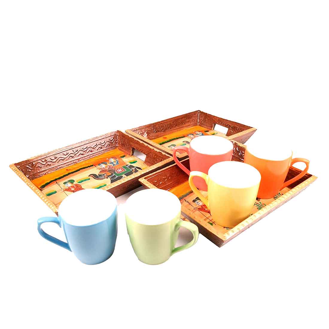 Decorative Tray | Wooden Serving Tray - For Tea & Snack Serving and Organising - 9 Inch - Apkamart#Style_Pack of 3