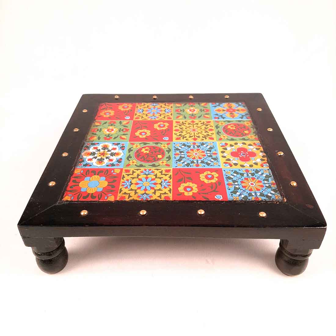 Wooden Chowki with Ceramic Tiles - For Pooja, Sitting & Home Decor - Apkamart #Size_10 Inch
