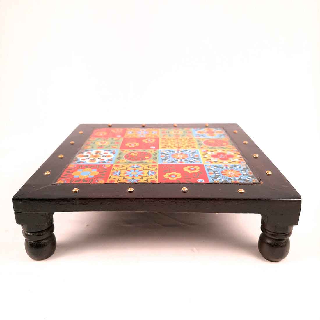 Wooden Chowki with Ceramic Tiles - For Pooja, Sitting & Home Decor - Apkamart #Size_10 Inch