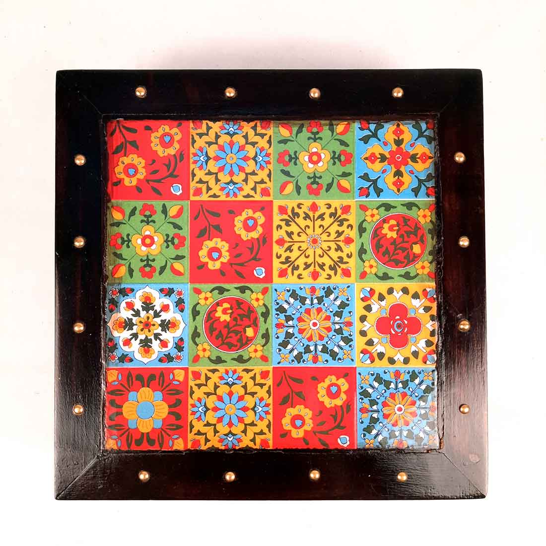 Wooden Chowki with Ceramic Tiles - For Pooja, Sitting & Home Decor - Apkamart #Size_10 Inch
