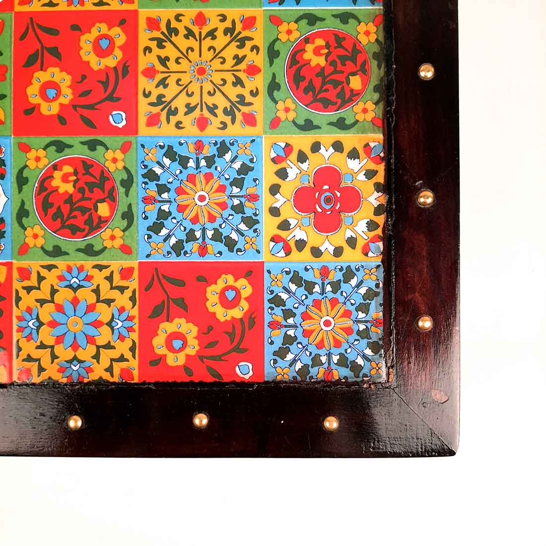 Wooden Chowki with Ceramic Tiles - For Pooja, Sitting & Home Decor - Apkamart #Size_10 Inch