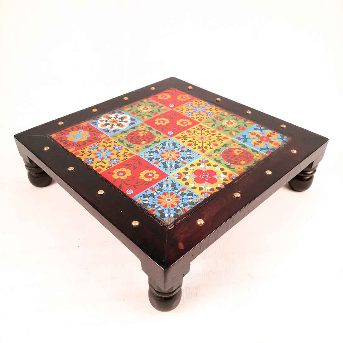 Wooden Chowki with Ceramic Tiles - For Pooja, Sitting & Home Decor - Apkamart #Size_10 Inch