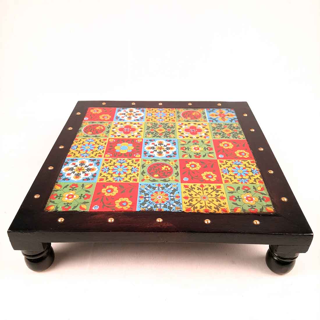 Wooden Chowki with Ceramic Tiles - For Pooja, Sitting & Home Decor - Apkamart #Size_10 Inch