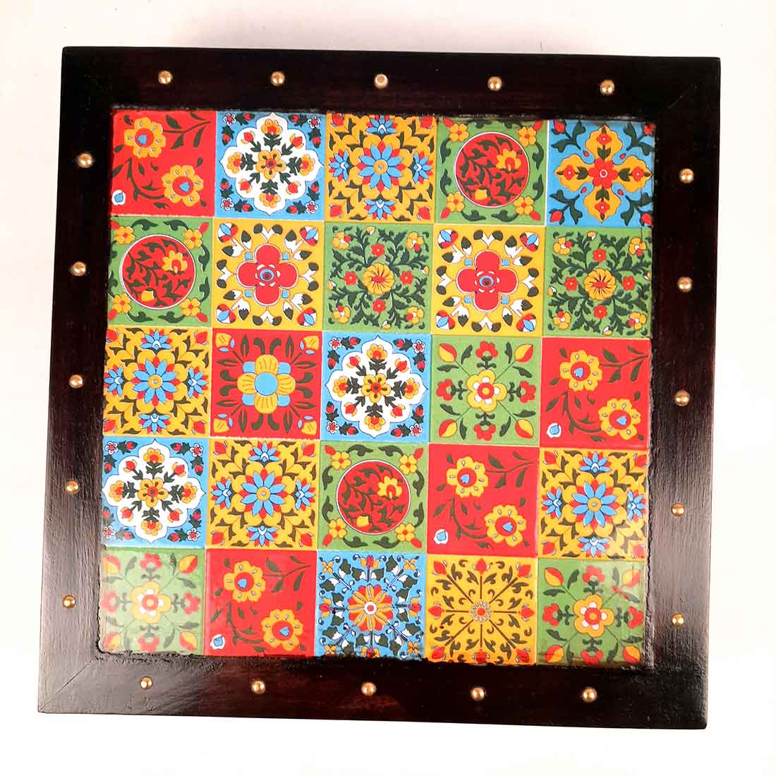 Wooden Chowki with Ceramic Tiles - For Pooja, Sitting & Home Decor - Apkamart #Size_12 Inch