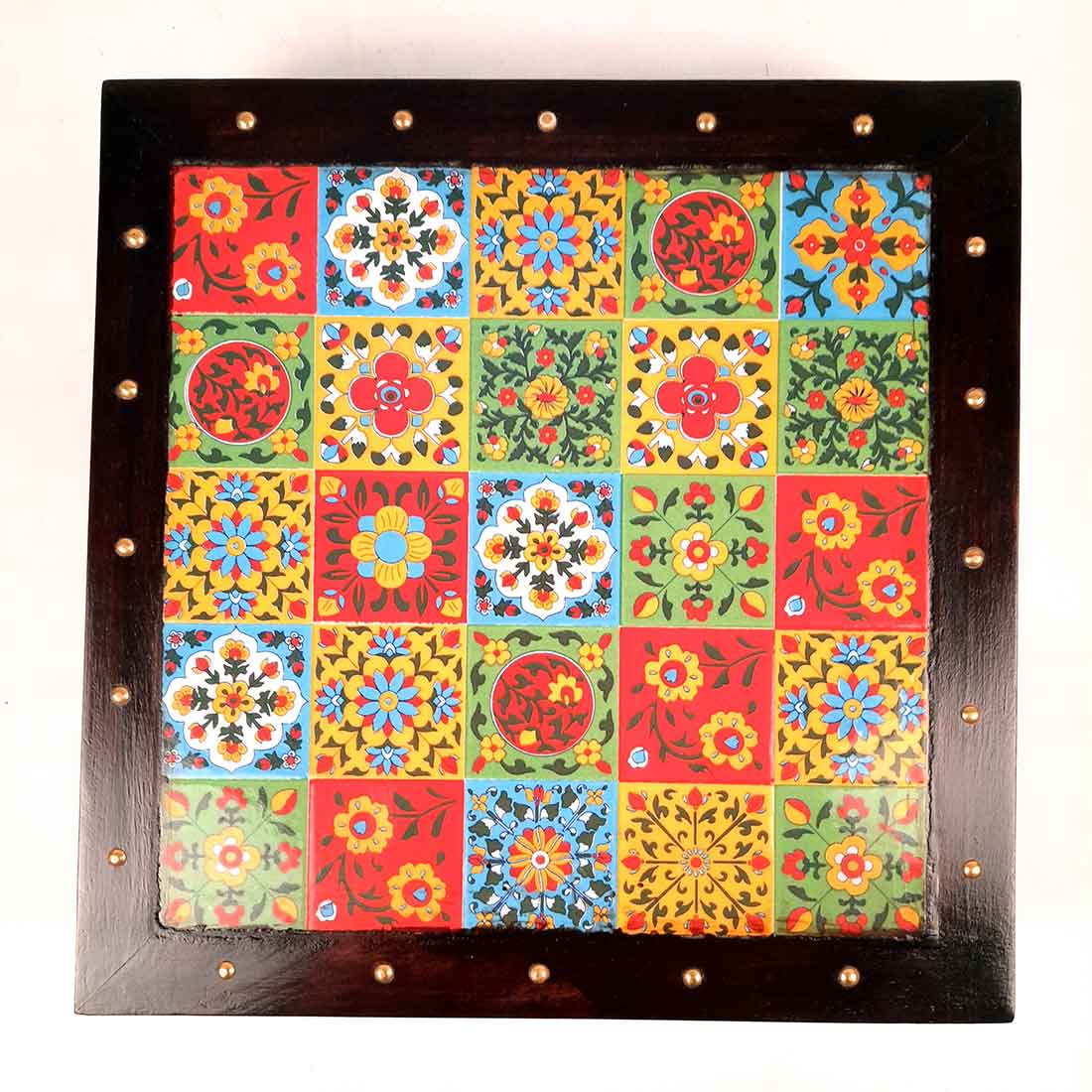 Wooden Chowki with Ceramic Tiles - For Pooja, Sitting & Home Decor - Apkamart #Size_12 Inch