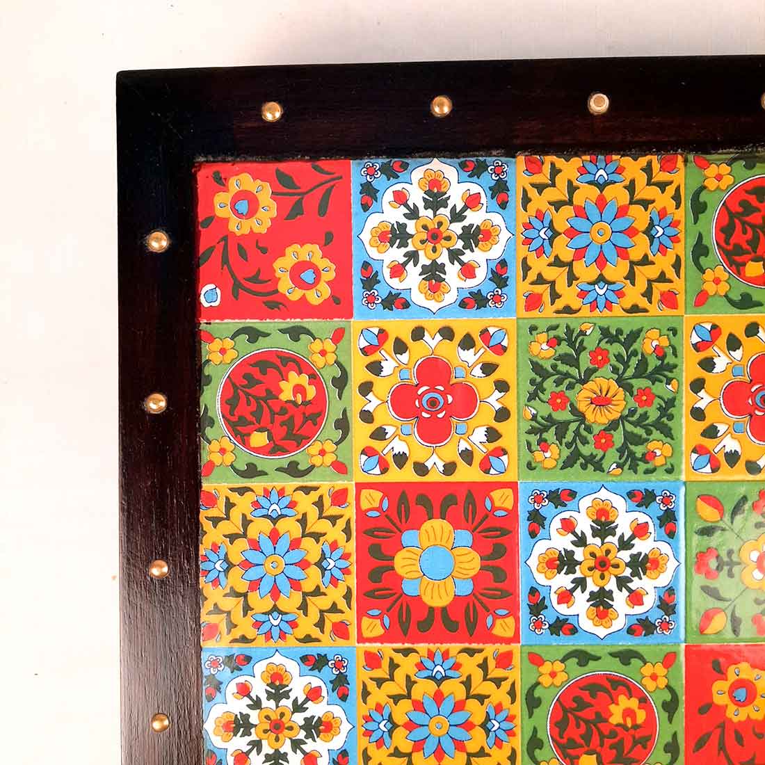 Wooden Chowki with Ceramic Tiles - For Pooja, Sitting & Home Decor - Apkamart #Size_12 Inch