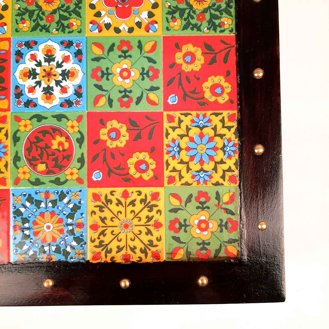 Wooden Chowki with Ceramic Tiles - For Pooja, Sitting & Home Decor - Apkamart #Size_12 Inch