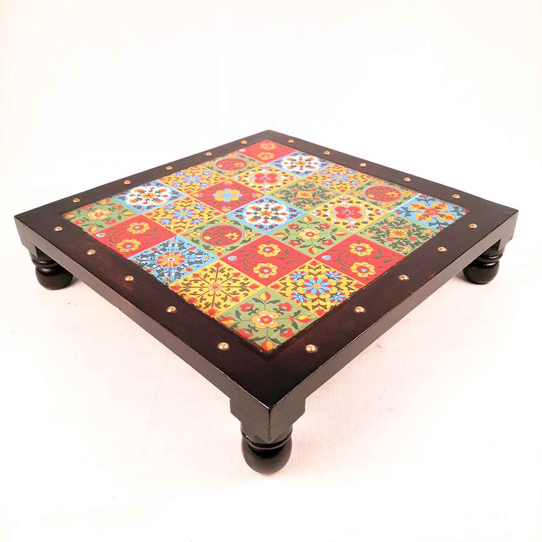 Wooden Chowki with Ceramic Tiles - For Pooja, Sitting & Home Decor - Apkamart #Size_12 Inch