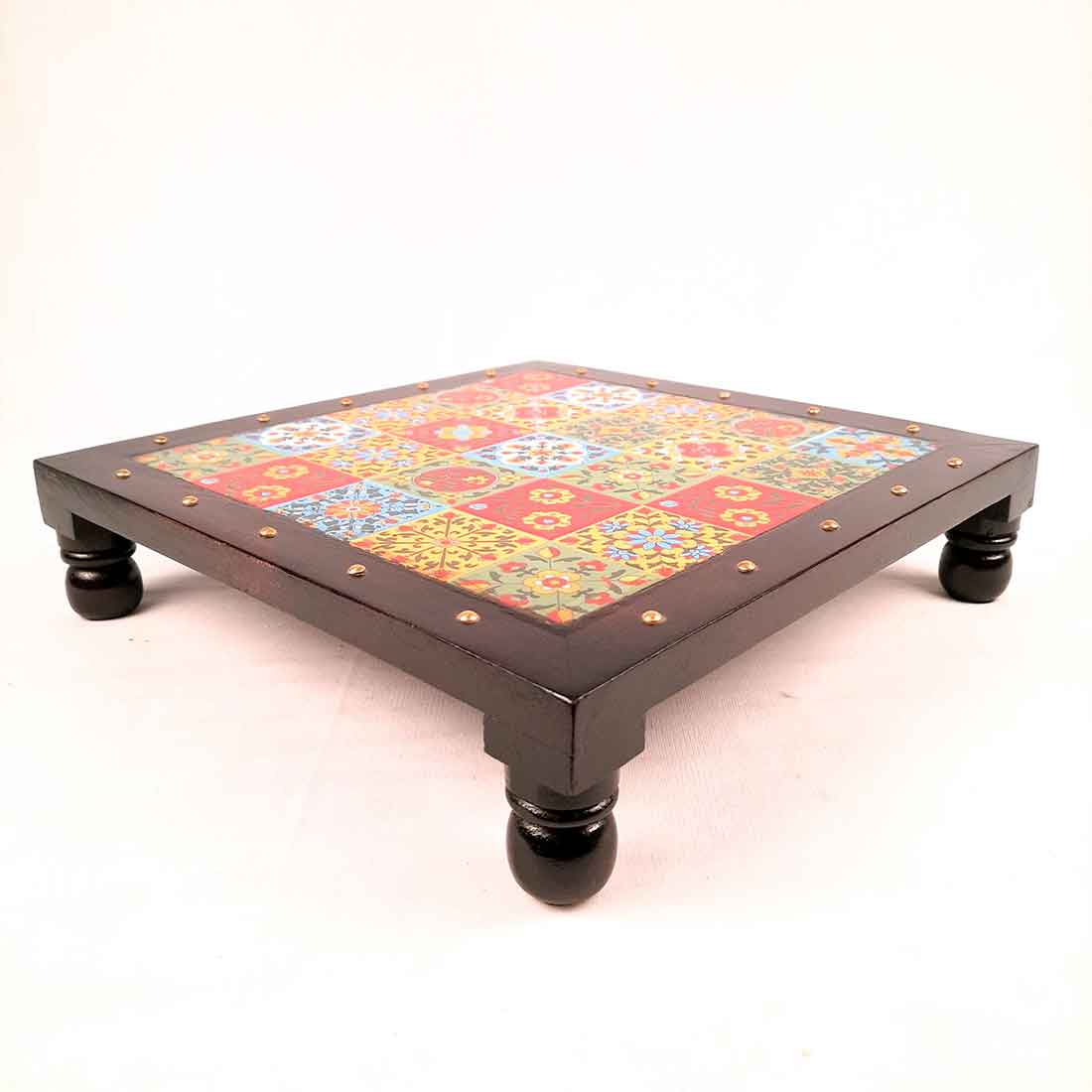 Wooden Chowki with Ceramic Tiles - For Pooja, Sitting & Home Decor - Apkamart #Size_12 Inch