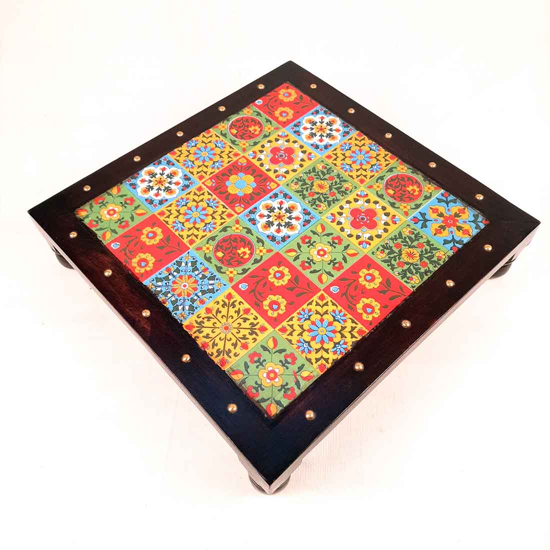 Wooden Chowki with Ceramic Tiles - For Pooja, Sitting & Home Decor - Apkamart #Size_12 Inch