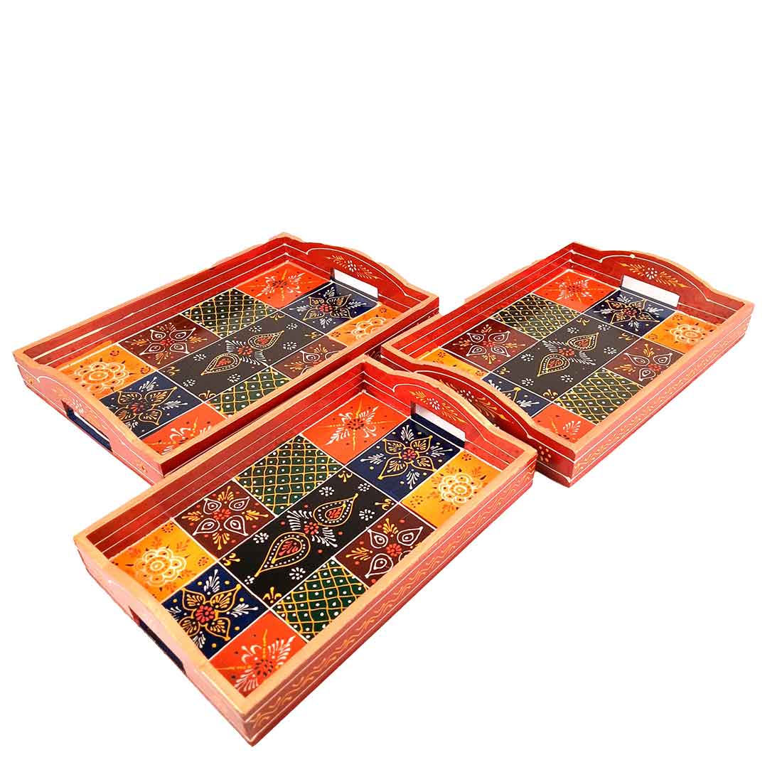 Decorative Tray | Serving Tray & Platters | Wooden Trays With Handle - For Home, Dining Table Organization, Kitchen & Gifts (Pack of 3)
