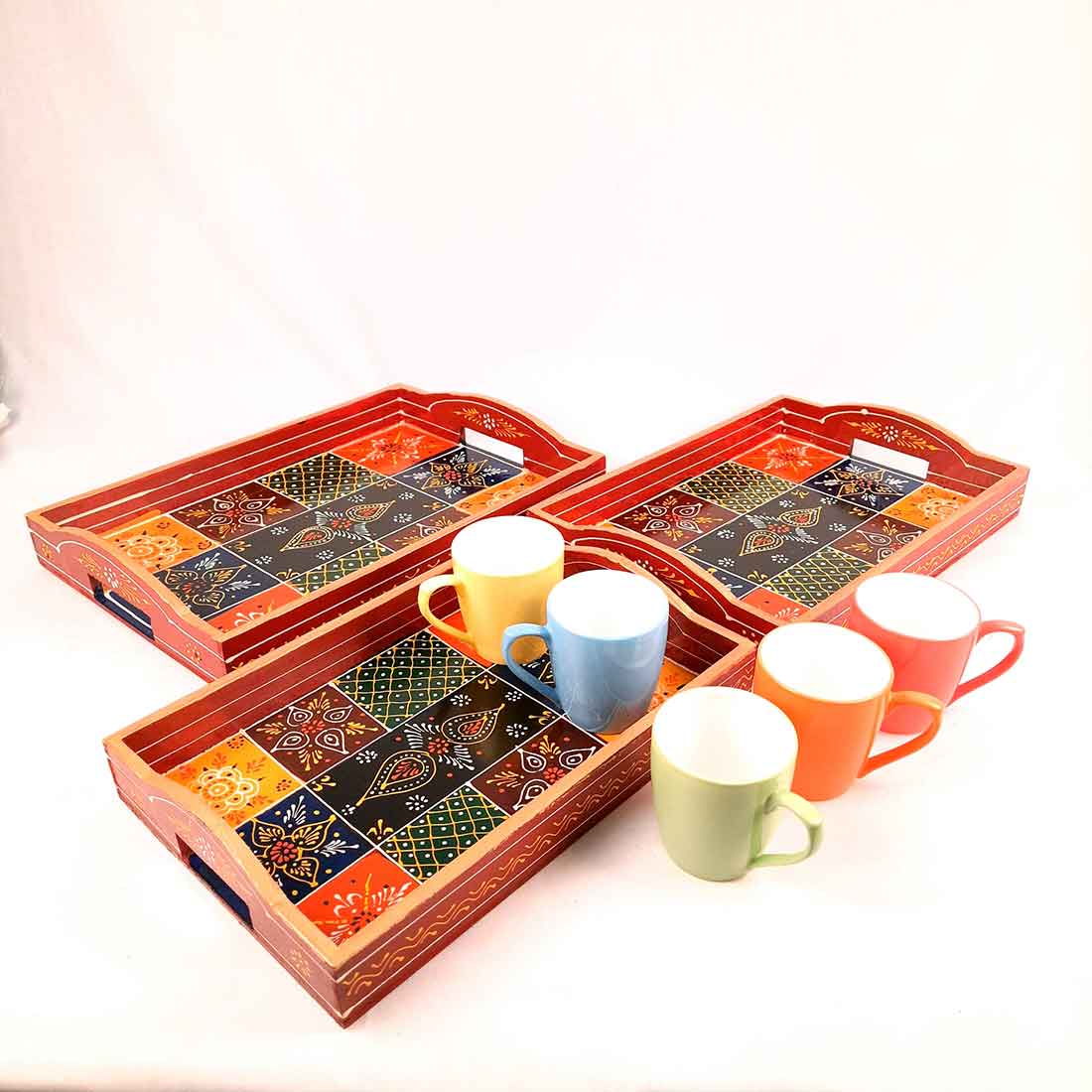 Wooden Serving Tray Set | Tea Serving Trays - For Kitchen, Dining Table & Gifts - Apkamart