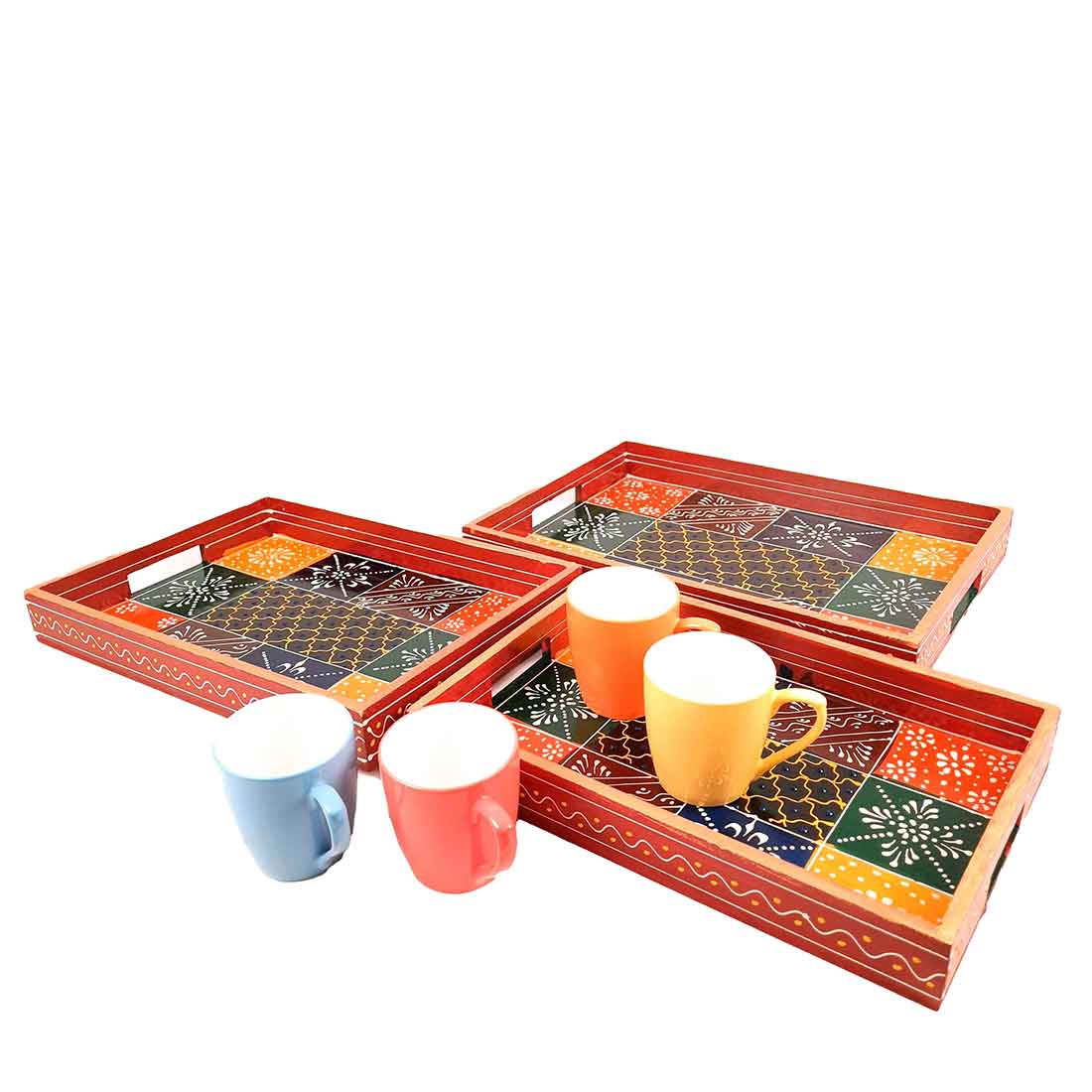 Wooden Serving Tray Set | Tea & Snack Serving Tray - For Serving & Table Decor -Apkamart