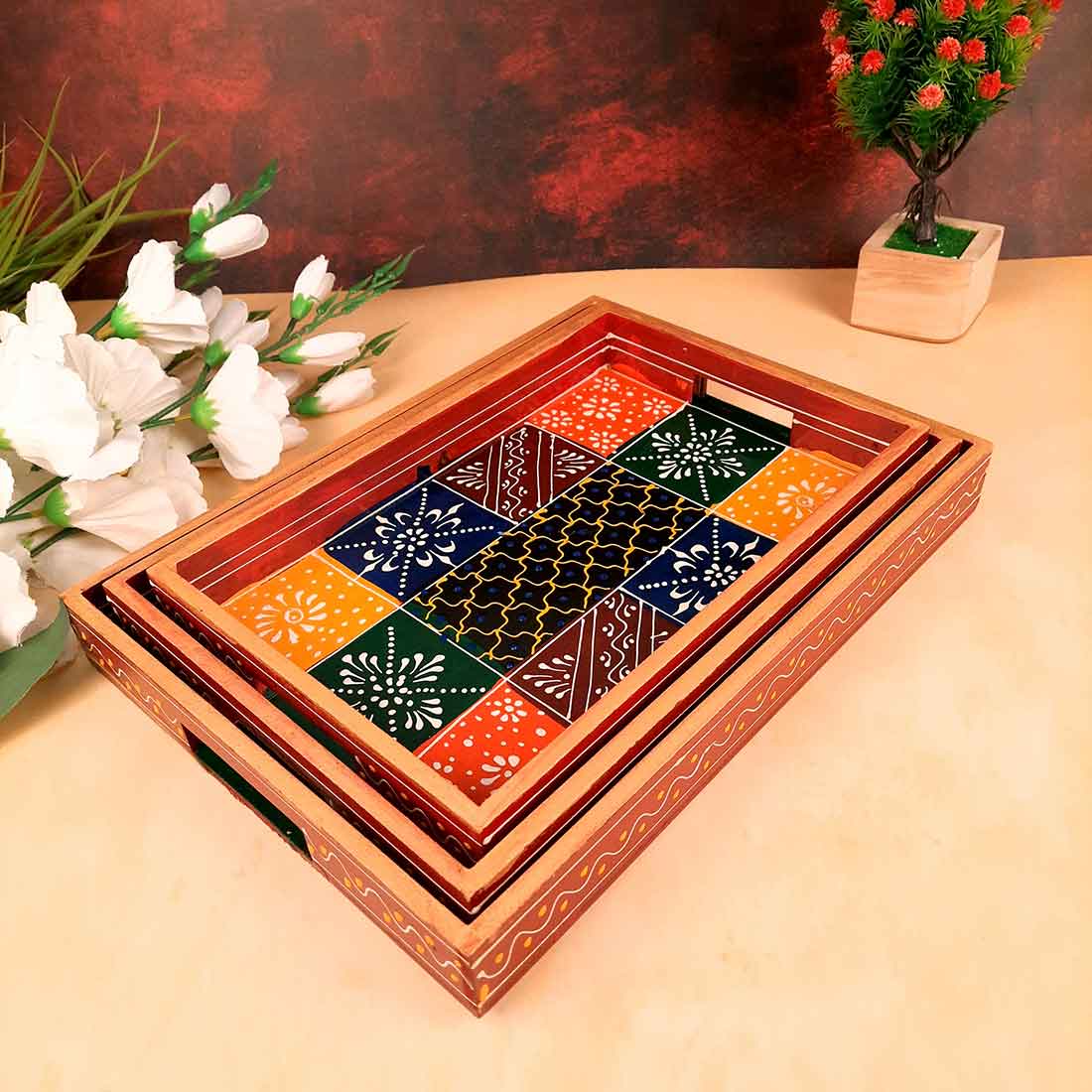 Wooden Serving Tray Set | Tea & Snack Serving Tray - For Serving & Table Decor  -Apkamart