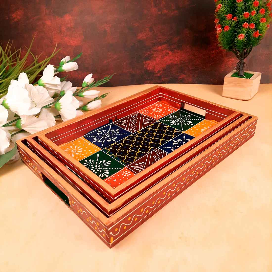 Wooden Serving Tray Set | Tea & Snack Serving Tray - For Serving & Table Decor -Apkamart
