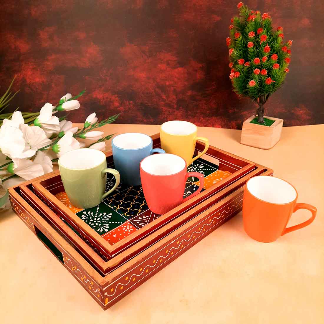 Wooden Serving Tray Set | Tea & Snack Serving Tray - For Serving & Table Decor -Apkamart