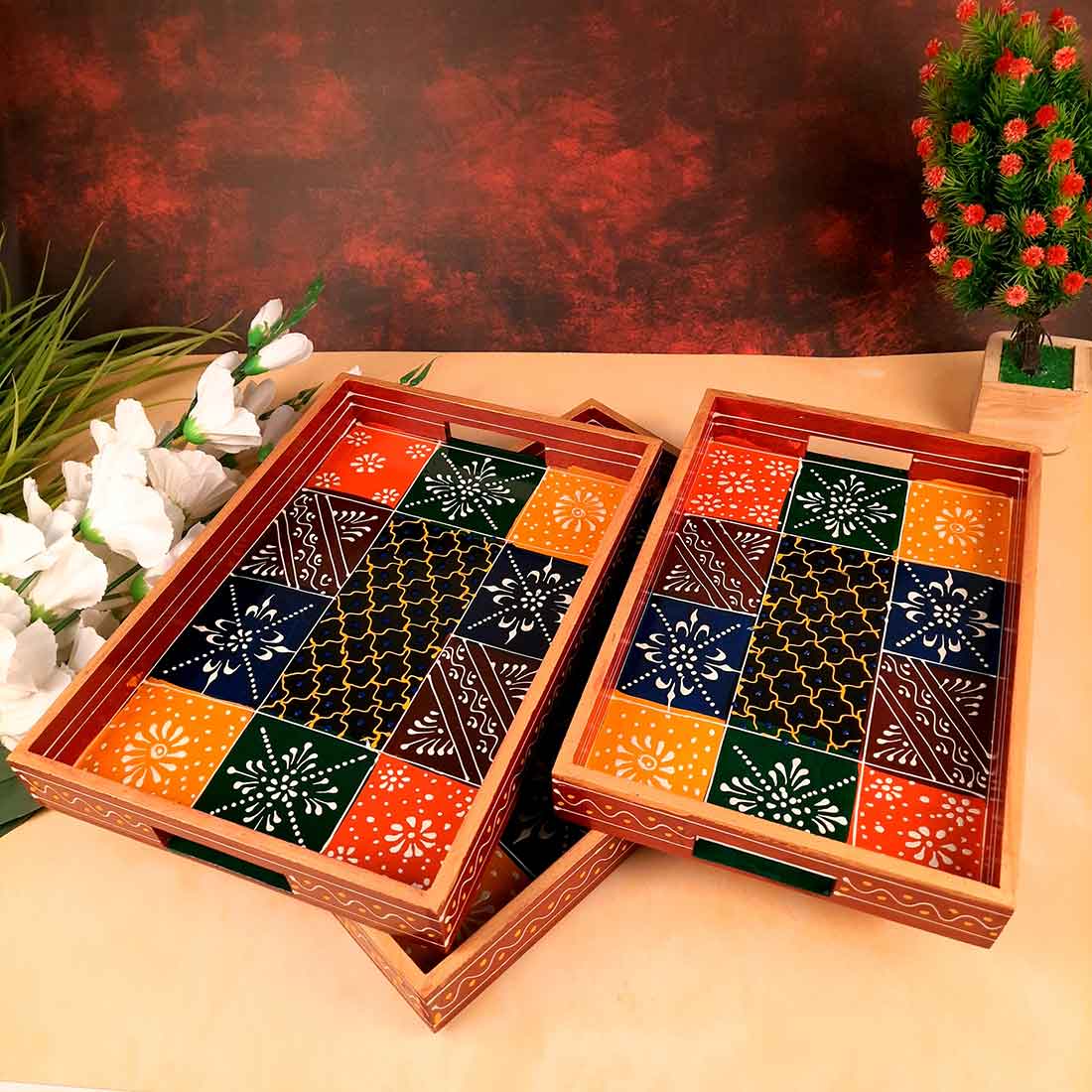 Wooden Serving Tray Set | Tea & Snack Serving Tray - For Serving & Table Decor -Apkamart
