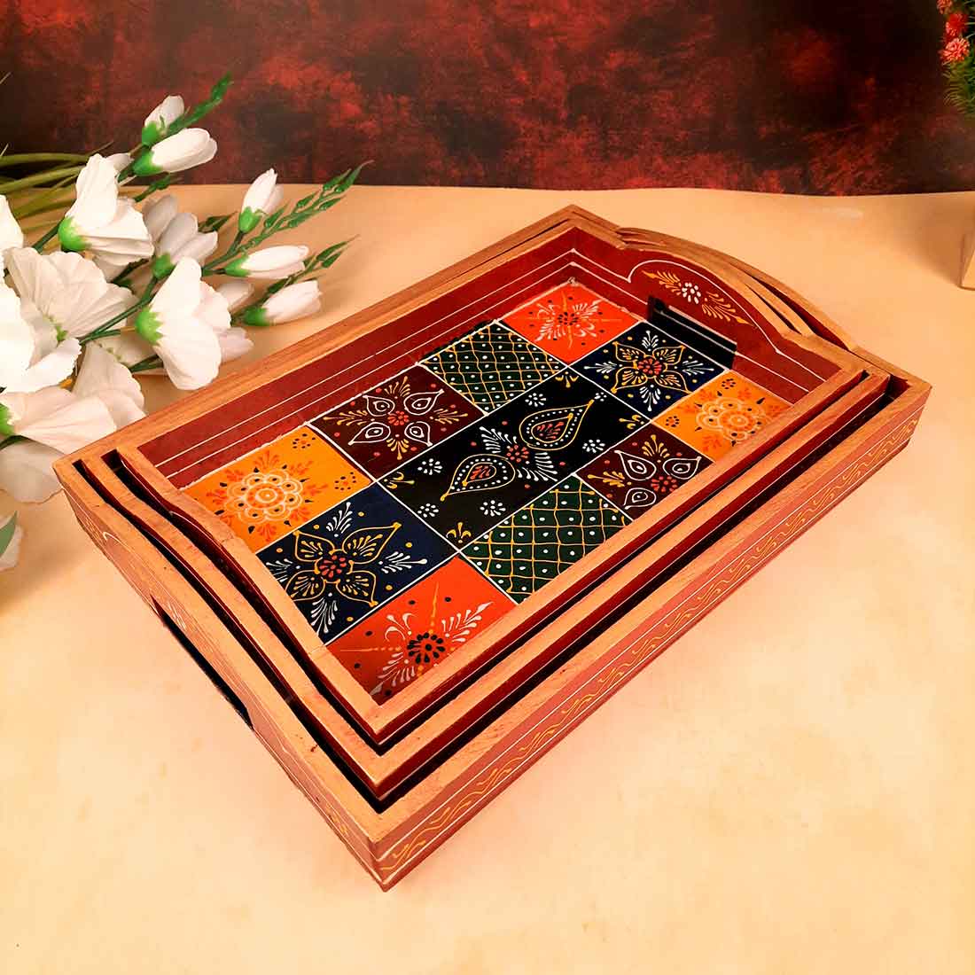 Wooden Serving Tray Set | Tea Serving Trays - For Kitchen, Dining Table & Gifts - Apkamart