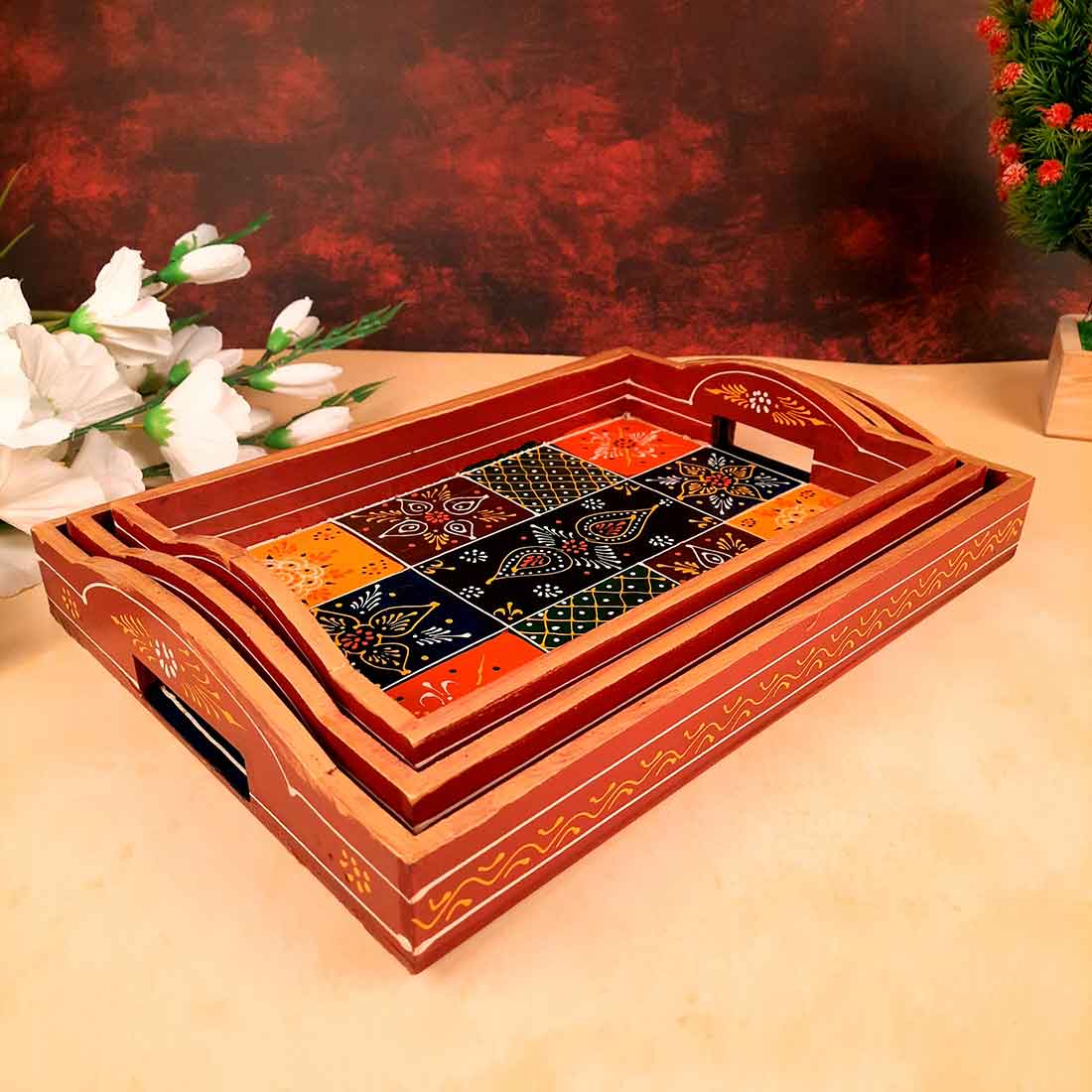 Wooden Serving Tray Set | Tea Serving Trays - For Kitchen, Dining Table & Gifts - Apkamart