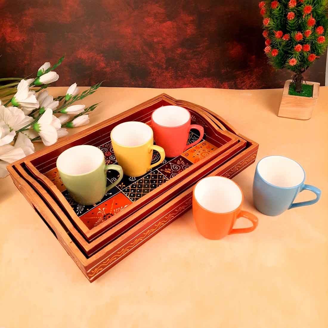 Wooden Serving Tray Set | Tea Serving Trays - For Kitchen, Dining Table & Gifts - Apkamart