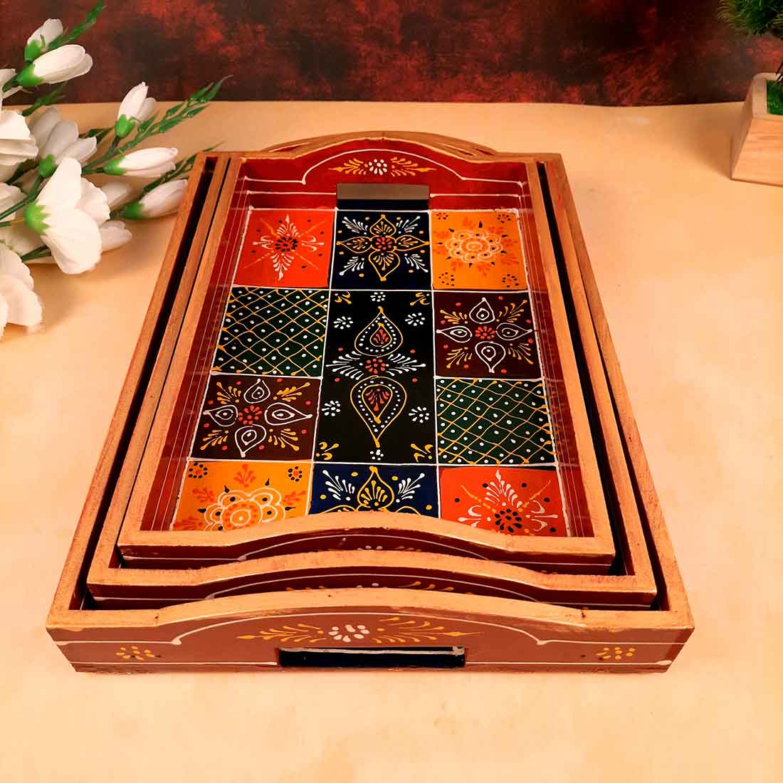 Wooden Serving Tray Set | Tea Serving Trays - For Kitchen, Dining Table & Gifts - Apkamart