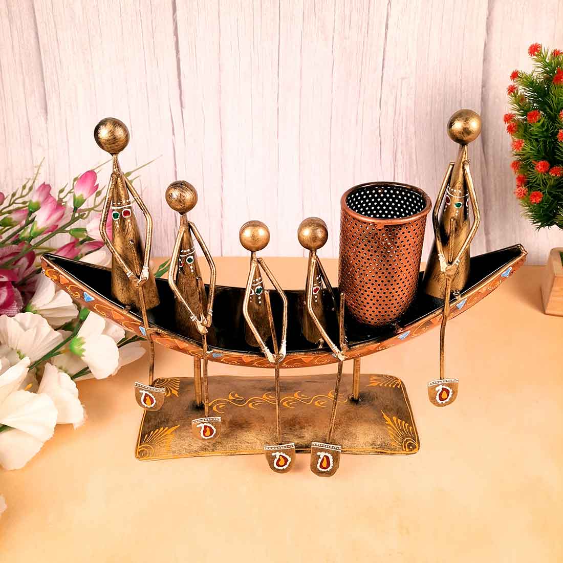 Showpiece Pen Holder | Desk Organizer - Boat Design - For Table Decor -15 Inch - ApkaMart#Color_Gold