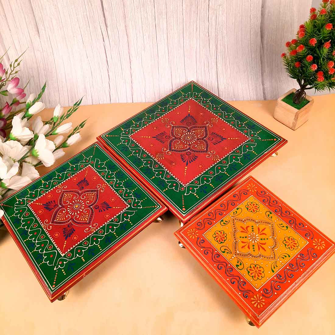 Wooden Pooja Bajot - Decorative Choki For Pooja & Festivals - 8,10 & 12 Inch- Set of 3 - Apkamart#color_Multicolor