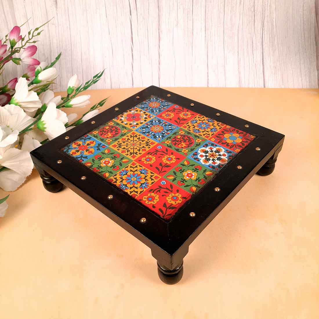 Wooden Chowki with Ceramic Tiles - For Pooja, Sitting & Home Decor - Apkamart #Size_10 Inch