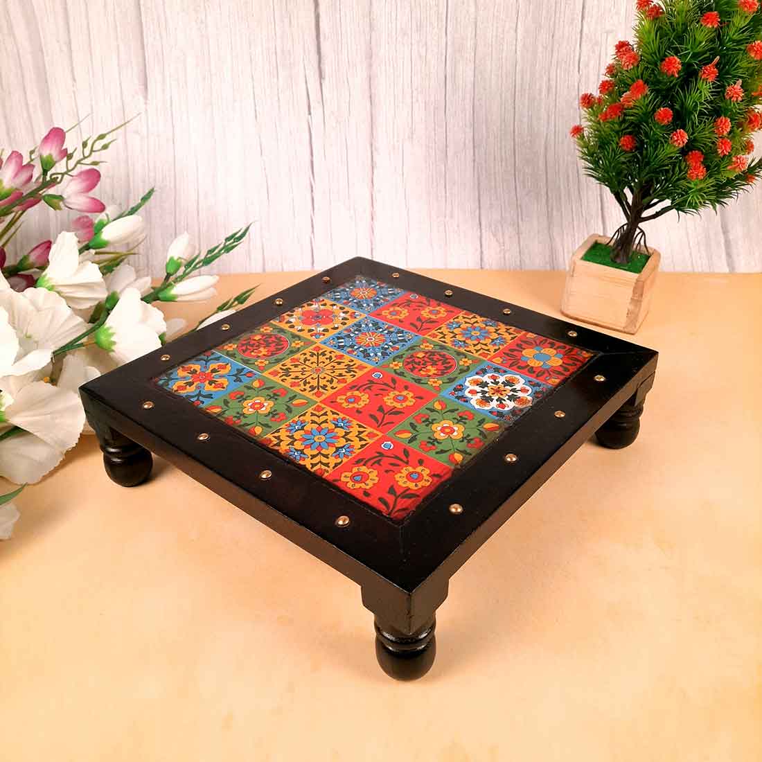 Wooden Chowki with Ceramic Tiles - For Pooja, Sitting & Home Decor - Apkamart #Size_10 Inch