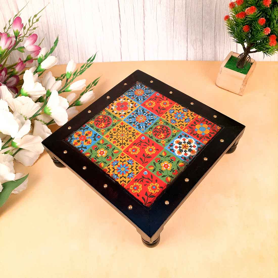 Wooden Chowki with Ceramic Tiles - For Pooja, Sitting & Home Decor - Apkamart #Size_10 Inch